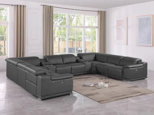 Vista 240 de BlackJack Furniture Venice - Sofá modular de cuero italiano de grano superior de 5 piezas con 3 reclinables eléctricos, reposacabezas ajustable