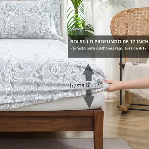 Vista 4 de KACEMOO Juego de sábanas Queen de 4 piezas con estampado floral beige, juego de sábanas bohemias de microfibra con bolsillo profundo, lujosas Beige