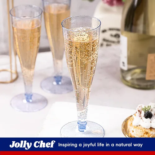 Vista 5 de JOLLY CHEF Paquete de 100 flautas de champán de plástico desechables de 4.5 oz, copas de champán de plástico con purpurina azul, adecuadas