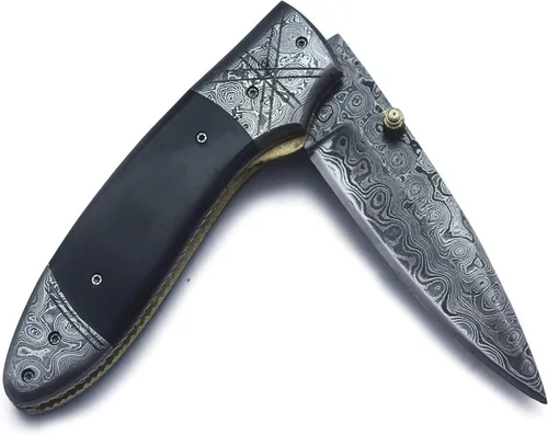 Vista 5 de Cuchillo táctico plegable de Damasco, la mejor opción para EDC, caza, supervivencia, campamento y desollado, mango de micarta de espiga completa
