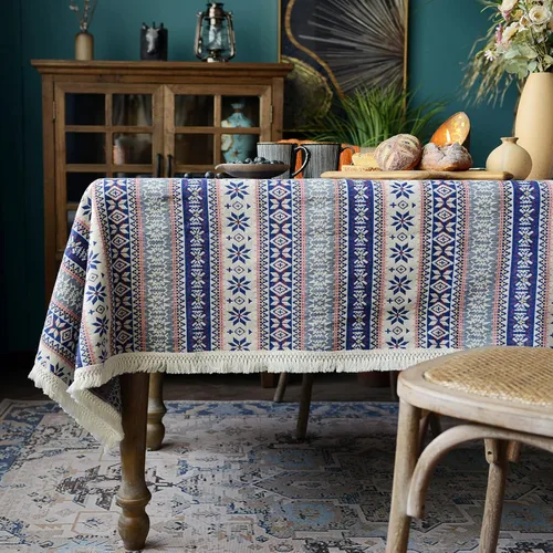 Vista 2 de SUTAVIA - Mantel con borlas con pompones para manteles rectangulares bohemios, de lino sin arrugas, diseño bohemio para comedor, decoración de mesa