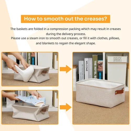 Vista 2 de DULLEMELO Cesta de almacenamiento pequeña para estantes, pequeña cesta plegable de tela rectangular para estantes, armarios, guardería, hogar, Beige