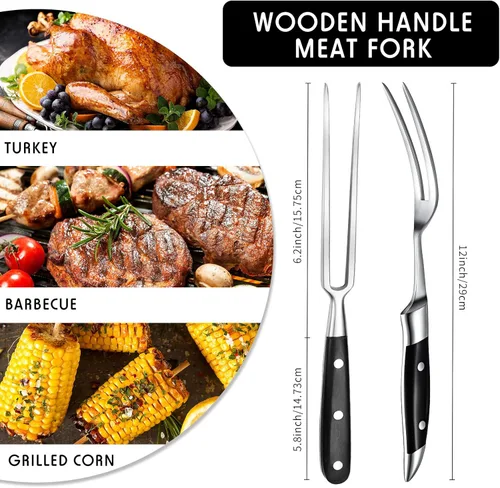 Vista 2 de CHENGU 2 tenedores para tallar carne de 12 pulgadas de acero inoxidable para servir cocinar con mango de madera, parrilla clásica con mango de ABS