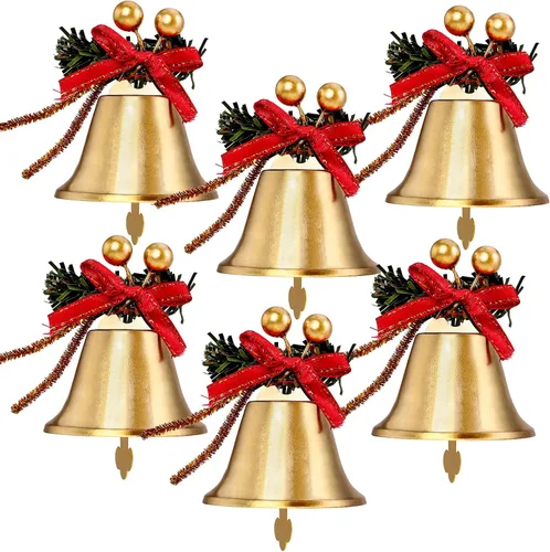 Campanas Doradas de Navidad, 6 piezas de Cascabeles de Metal Dorado de 2.4 pulgadas con Lazo Rojo y Adorno Colgante de Árbol de Bayas, Cascabel de