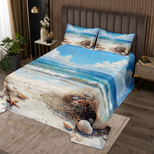 Vista 5 de Erosebridal Juego de colcha náutica costera con anclaje, ropa de cama de playa de verano, tamaño individual, estilo clásico, juego de edredón de 2