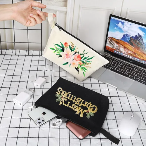 Vista 4 de 10 bolsas de maquillaje de lona de algodón con parte inferior y correa, bolsa de cosméticos multiusos con cremallera, bolsa de aseo de viaje, bolsa