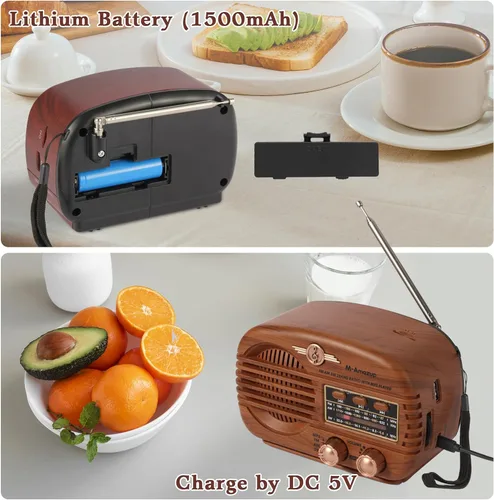 Vista 3 de Radios portátiles AM FM SW, radio retro con altavoz, radio transistor Bluetooth 5.3, batería recargable, TWS, soporte de tarjeta TF/MP3/reproducción