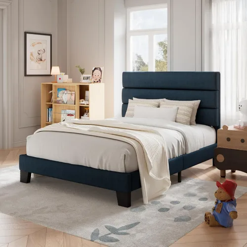 Vista 26 de Allewie Base de cama de plataforma tamaño King con cabecera tapizada de terciopelo y soporte de listones de madera, base de colchón totalmente Negro