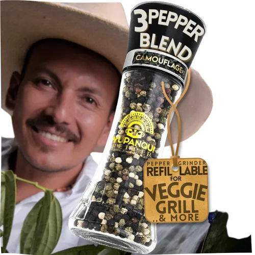 Yupanqui Molinillo de pimienta para parrilla vegetariana, 3.5 onzas, molinillo de pimienta recargable manual con granos de pimienta orgánicos,