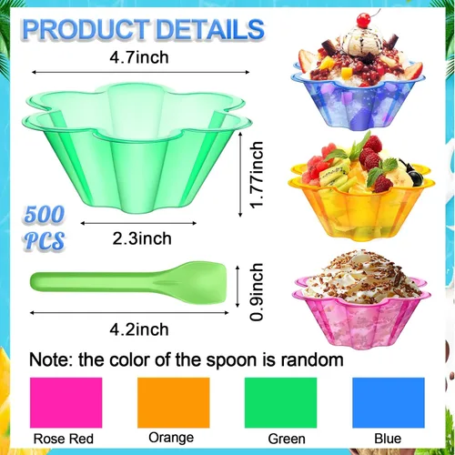 Vista 2 de Zubebe 400 juegos de tazas de plástico para helado de 8.45 onzas con cucharas, cuencos de plástico con forma de flor colorida para postre, tazas