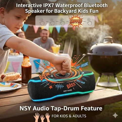 Vista 2 de Altavoz Bluetooth impermeable IPX7, tiempo de reproducción de 24 horas, luces LED, altavoz inalámbrico al aire libre para piscina, playa, ducha, azul