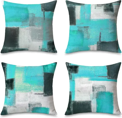 Vista 11 de Juego de 4 fundas de almohada abstractas de color azul y gris de 18 x 18 pulgadas, arte moderno de galería, fundas de almohada decorativas azul