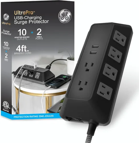 Vista 8 de GE Protector SurGE de 6 tomas, tira de alimentación trenzada de 6 pies, enchufe plano, adaptador espaciado, extensor de salida múltiple
