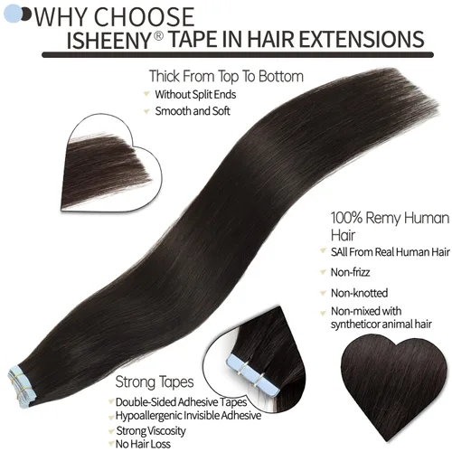 Vista 2 de Isheeny Extensiones de cabello humano con cinta, extensiones de cabello humano Remy 100% real, sin costuras, extensiones de cabello humano real