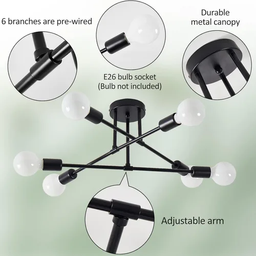 Vista 5 de Lámpara de techo semiempotrada, 6 luces modernas Sputnik lámpara de techo con base de bombilla E26, accesorios de iluminación para dormitorio, Negro