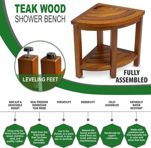 Vista 2 de TeakCraft Banco esquinero de teca con estante y cesta, totalmente montado, 16 pulgadas, The Loki