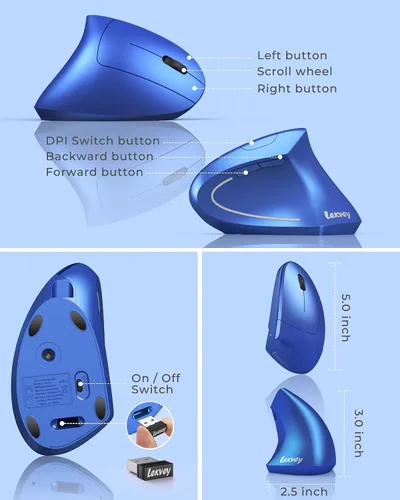 Vista 6 de Lekvey Ratón ergonómico, recargable 2.4G USB vertical inalámbrico, azul