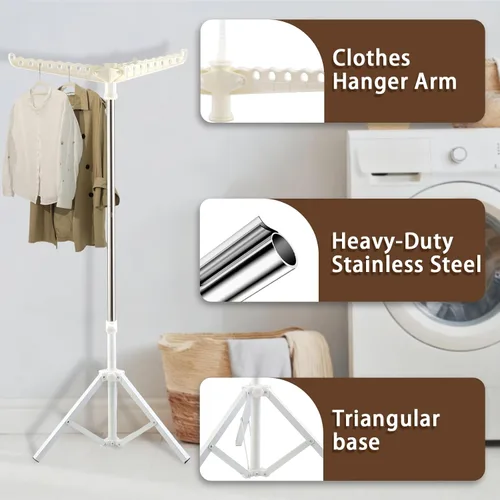 Vista 3 de Estante de secado de ropa, estante para ropa de 33 a 68 pulgadas, base de trípode resistente de acero inoxidable, ahorro de espacio, plegable, 3