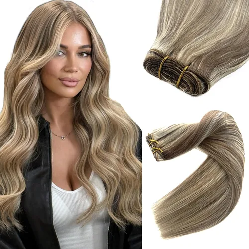 Vista 13 de Extensiones de cabello humano real con clip, rubio ceniza balayage con reflejos rubios, extensiones de cabello humano real Remy con clip, 12