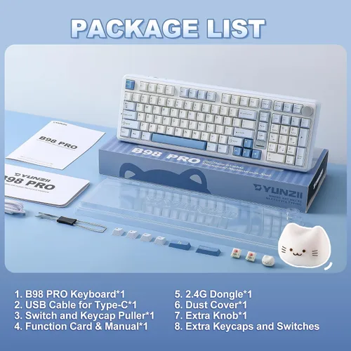 Vista 9 de YUNZII B98 PRO QMK/VIA Wireless Mechanical Gaming Keyboard, 96% Layout with Numpad and Cute Cat Knob, BT/2.4G/USB-C, Pre-Lubed Switch Hot Swap