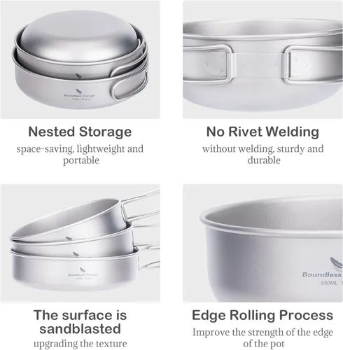 Vista 6 de iBasingo Juego de 3 piezas de ollas de titanio para acampar con mango plegable, juegos de ollas de cocina para campamento al aire libre