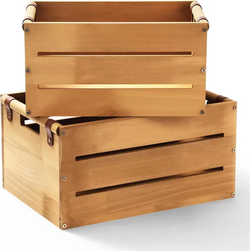 Chunful Juego de 2 cajas de madera rústica grandes de madera rústica con asas recortadas de 15.3 x 11 x 7.8 pulgadas y 13.3 x 9.4 x 7 pulgadas, caja