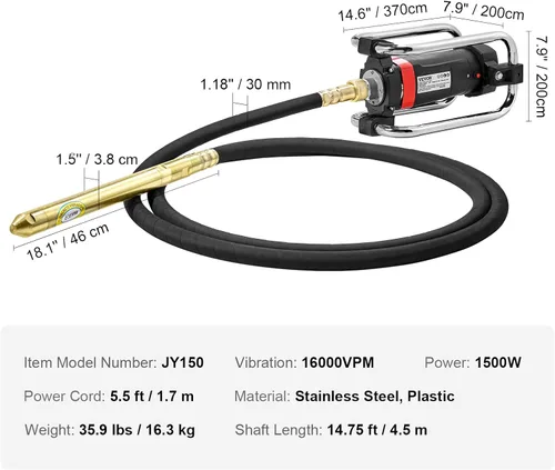 Vista 7 de VEVOR Electric Concrete Vibrator, 1300W 16000 VPM, 2HP Copper Motor Handheld Concrete Vibrating Tool, Portable Pencil Cement Vibrator with Shaft of