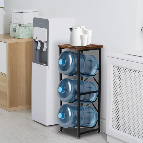 Vista 8 de Soporte para garrafones de agua de 5 galones, estante para botellas de agua de 3 niveles con estante superior de madera, estante resistente