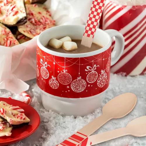 Vista 5 de Uiifan 120 cucharas de madera desechables de Navidad de 5.5 pulgadas, cucharas a rayas con rayas rojas, patrones de bastón de caramelo para degustar