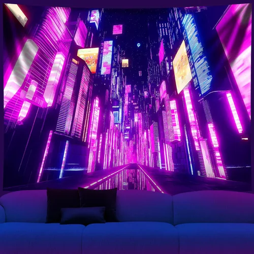 NYZE Tapiz de luz negra de ciudad, tapiz de anime japonés, juego punk, fantasía, vista nocturna, paisaje urbano, arte futurista, neón, tapices para