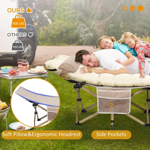 Vista 5 de Paquete de 2 catres de camping plegables anchos con almohada y colchón extra grueso de 3 pulgadas, catres para dormir 900 libras, cama de campamento