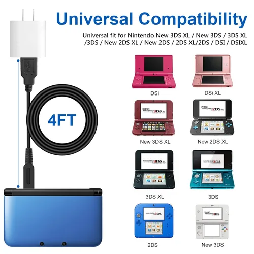 Vista 5 de Paquete de 2 cables de carga 3DS cable de carga USB 2DS DSi compatible con Nintendo New 3DS XLNew 3DS3DS XL3DSNew 2DS XLNew 2DS2DS XL2DSDSiDSi XL 4