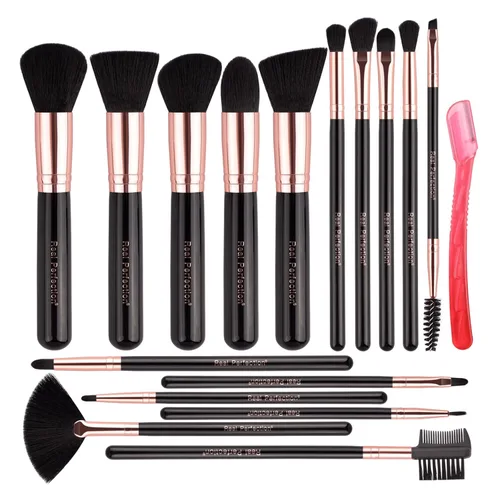 Vista 10 de Real Perfection Juego de brochas de maquillaje de 16 piezas con 1 navaja para cejas, brochas sintéticas premium para base, polvo, correctores