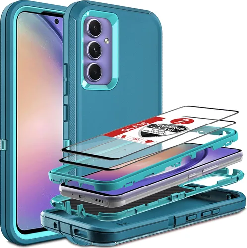 Vista 10 de Funda para Samsung Galaxy A54 5G, 3 en 1, protección resistente a prueba de golpes con 2 protectores de pantalla de vidrio templado, color azul Azul