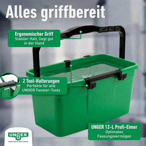 Vista 7 de Unger AK015 Kit de limpieza de ventanas PRO Set – Funda para lavadora eléctrica, escobilla ErgoTec, cubo 18L, limpiador líquido de vidrio 1L