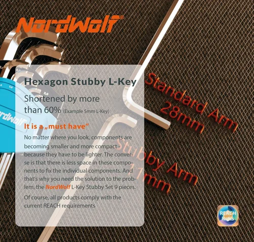 Vista 4 de NordWolf Juego de 9 llaves Allen métricas Stubby, llaves de brazo largo de acero S2 con extremo de bola hexagonal L, tamaños de 1,5 mm a 10 mm