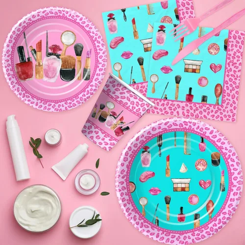 Vista 6 de Suministros de fiesta de cumpleaños de spa para niñas, decoración de fiesta de maquillaje para el día de spa, vajilla, plato de papel, taza