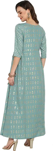 Vista 5 de Janasya Vestido étnico de muselina poli verde indio para mujer