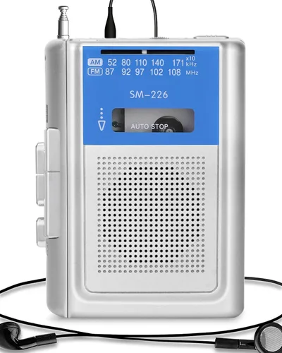 SEMIER Grabador de casete pequeño, reproductor de cassette portátil AM FM Vintage con altavoz grande y auriculares, micrófono integrado, alimentado