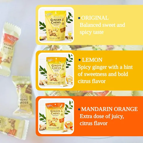Vista 4 de Prince of Peace Paquete de caramelos masticables de jengibre, sabores originales, limón, naranja, mango, lichi y mantequilla de maní, 100%