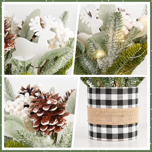 Vista 4 de Árbol de Navidad pequeño de mesa con luces, mini decoración de árbol de Navidad con renos, conos de pino, bayas, hojas de cordero y adornos