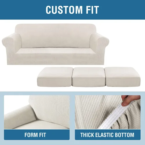 Vista 6 de H.VERSAILTEX Fundas elásticas para sofá de 3 cojines, paquete de 2 fundas de sofá biplaza, marfil