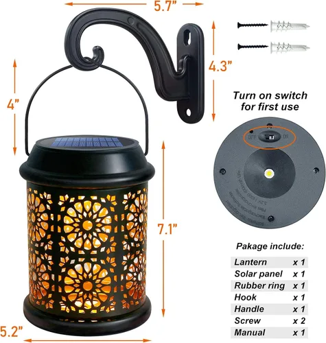 Vista 6 de DenicMic Farol solar para exteriores, luces solares para exteriores, linterna colgante con mango y gancho, impermeable, 25 lúmenes, blanco cálido