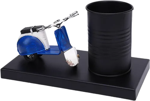 SUNGOOYUE Pen Holder with a Miniature Motorcycle, Retro Scooter Desk Organizers and Accessories Metal Pencil Cup for Office and Home Decor (L