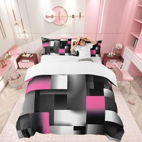 Vista 16 de Funda de edredón cuadrada azul, juego de ropa de cama de cuadrícula gris y blanca, funda de edredón moderna para decoración de habitación de niños