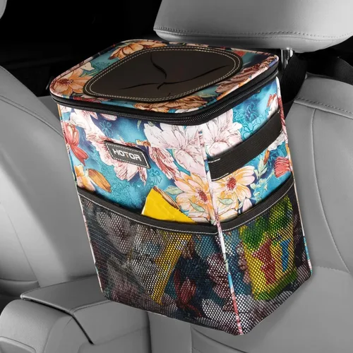 Vista 9 de Hotor Cesto de basura marrón, para automóvil, con correa ajustable, broches magnéticos, forro impermeable y bolsillo de almacenamiento