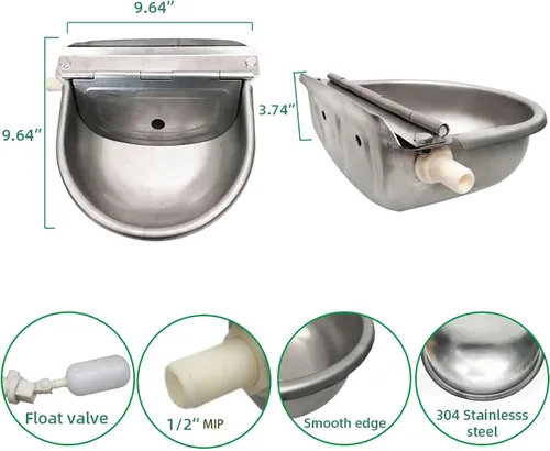 Vista 3 de Cuenco automático de agua potable de vaca, acero inoxidable 304 para caballos, cabra, cerdo, perro, con válvula de flotador de 1/2