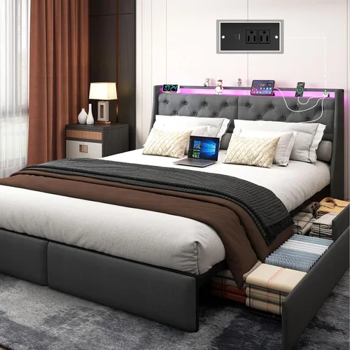 Vista 13 de Base de cama tamaño Queen con 2 cajones de almacenamiento, base de cama con plataforma tamaño Queen con luz LED, cabecera tapizada, estación