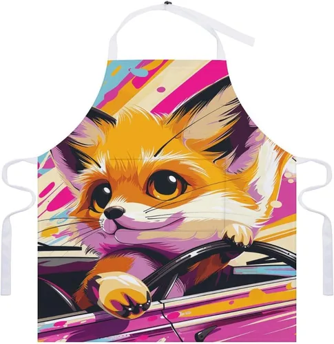 Vista 7 de MUSM Apron for Adults - 27.6 X 31.5 Inch, Heavy-Duty Polyester Aprons with Two Large Pockets, Waterproof Little Fox in The Car Kitchen Apron for