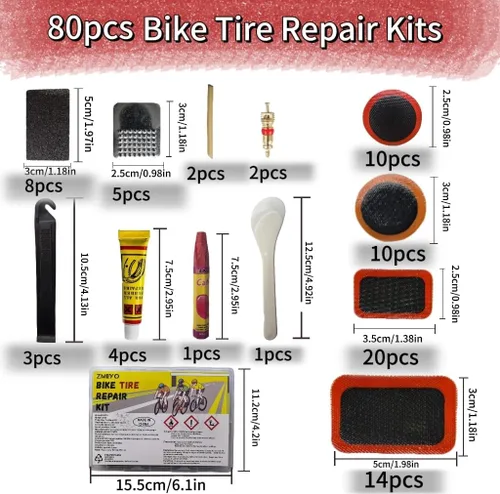 Vista 2 de Kit de reparación de neumáticos de bicicleta, kit de parches de tubo de bicicleta de 80 piezas con palancas de neumáticos de bicicleta, parche